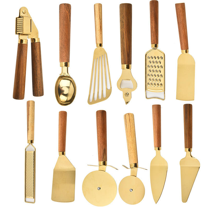 Stainless Steel Handle Gold Plated Pizza Cheese Knife Small Kitchenware Set Bottle Opener Ice Cream Spoon Spatula for Home Use