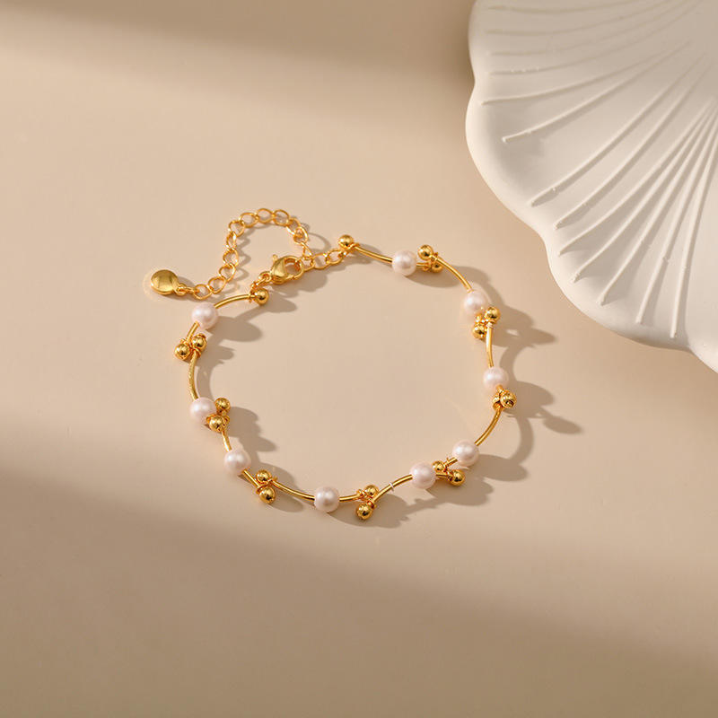 Brass Bracelet with Pearl Beads – Elegant Chain Bracelet for Women | Daily & Party Wear - Image 2