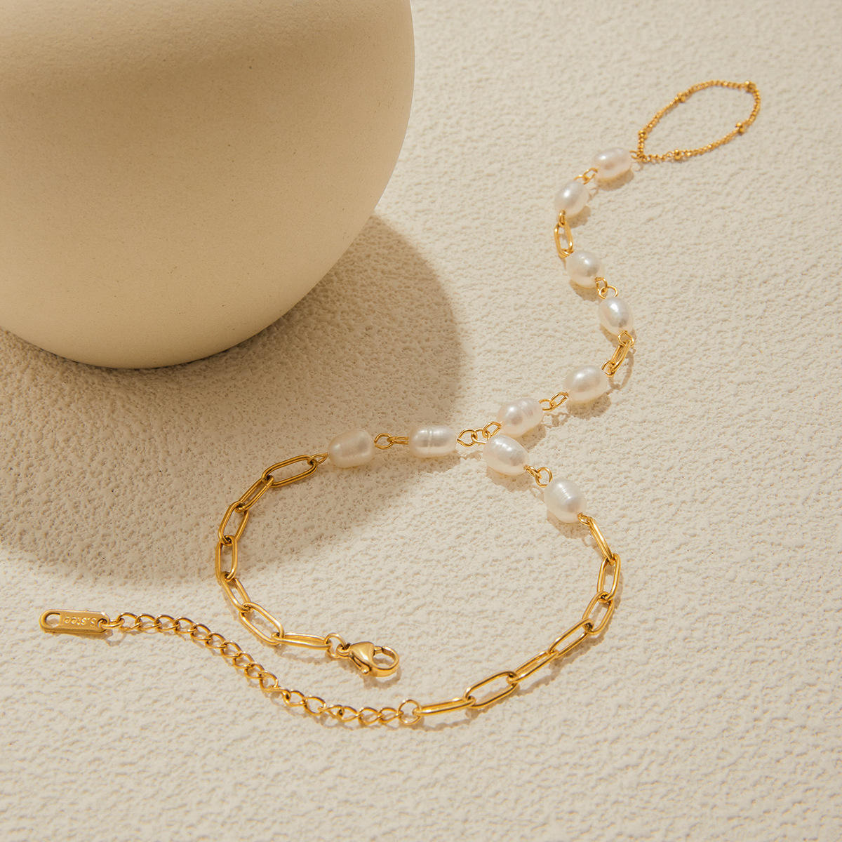 18K Gold Plated Stainless Steel Finger Bracelet – Elegant Freshwater Pearl Hand Chain Jewelry for Women - Image 3