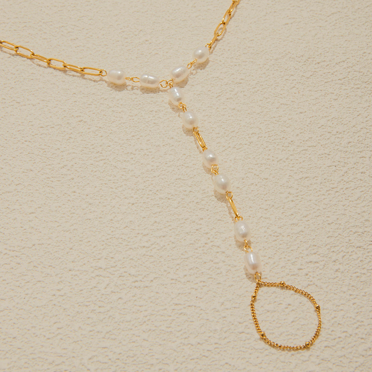 18K Gold Plated Stainless Steel Finger Bracelet – Elegant Freshwater Pearl Hand Chain Jewelry for Women - Image 4